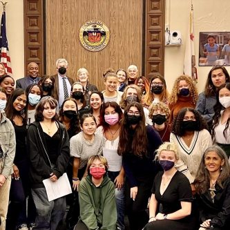 PUSD Student Think Tank members with CIPD leadership and Ethnic Studies team after making their first presentation to PUSD's Board of Education in which they proposed student representation on the BOE; April 2022